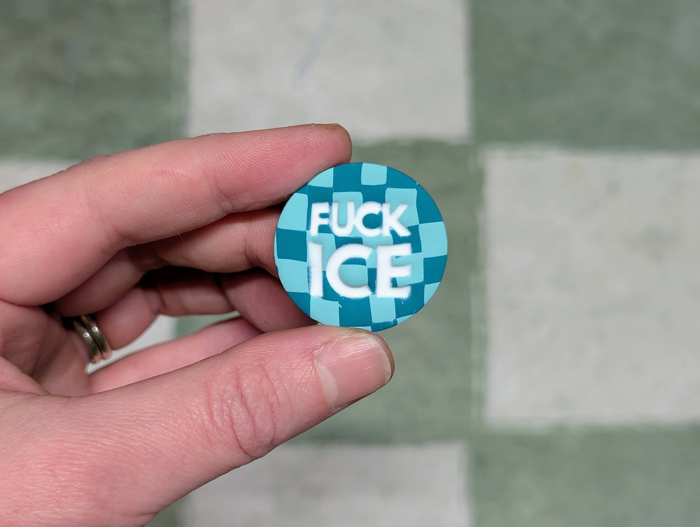 FUCK ICE Pin - Teal Checks