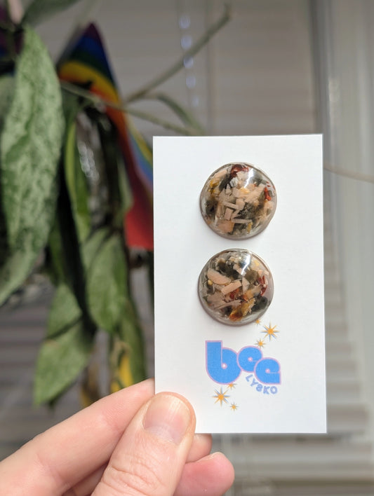 Peach M.stone, Smoky Quartz, Obsidian & Carnelian Studs