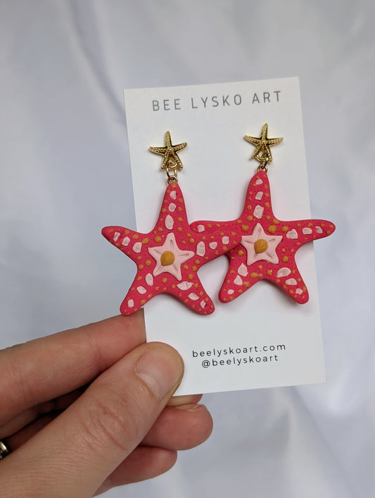 Gold Starfish Dangles - Coral