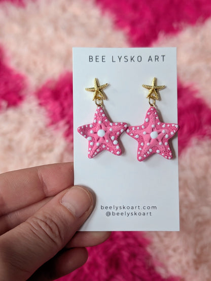 Gold Starfish Dangles - Pink